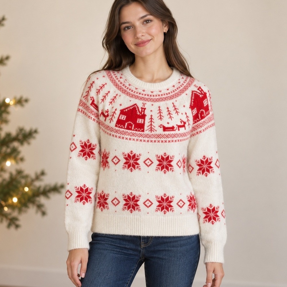 Cupcake S Nordic Fair Isle Christmas Sweater Ivory Red Snowflake Cozy Cottage